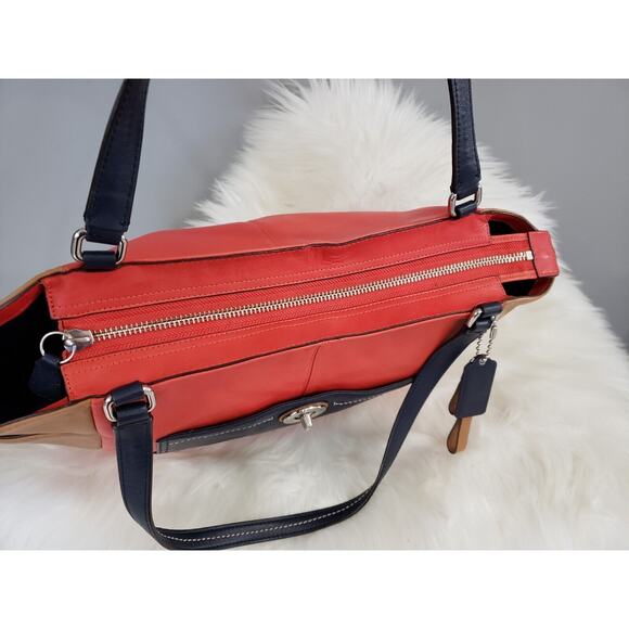Coach Carrie Color Block Tote # F24065 Camel Navy Leather Old Money Large Purse - Picture 5 of 13